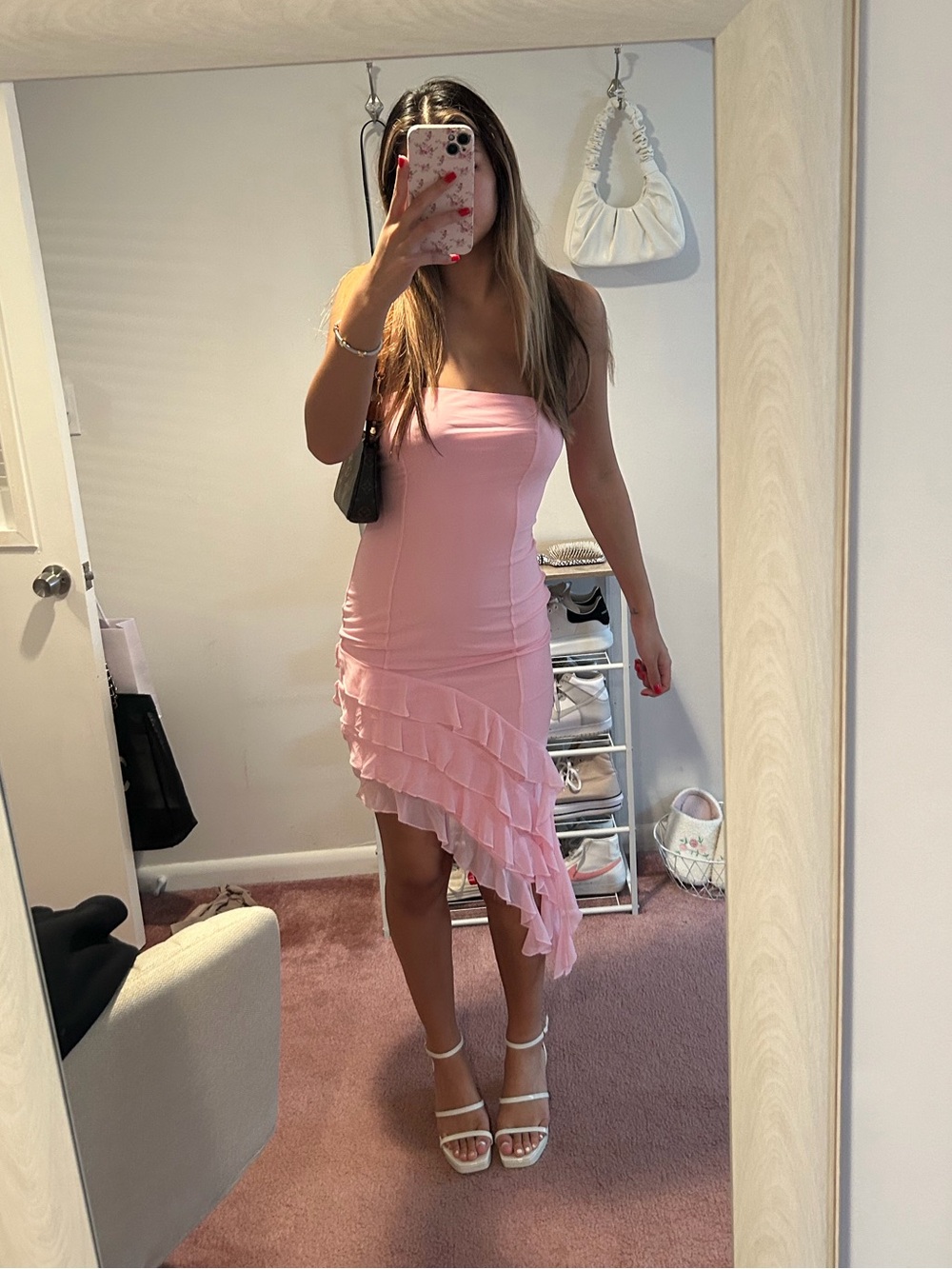 Strapless Pink Ruffle Hem Dress